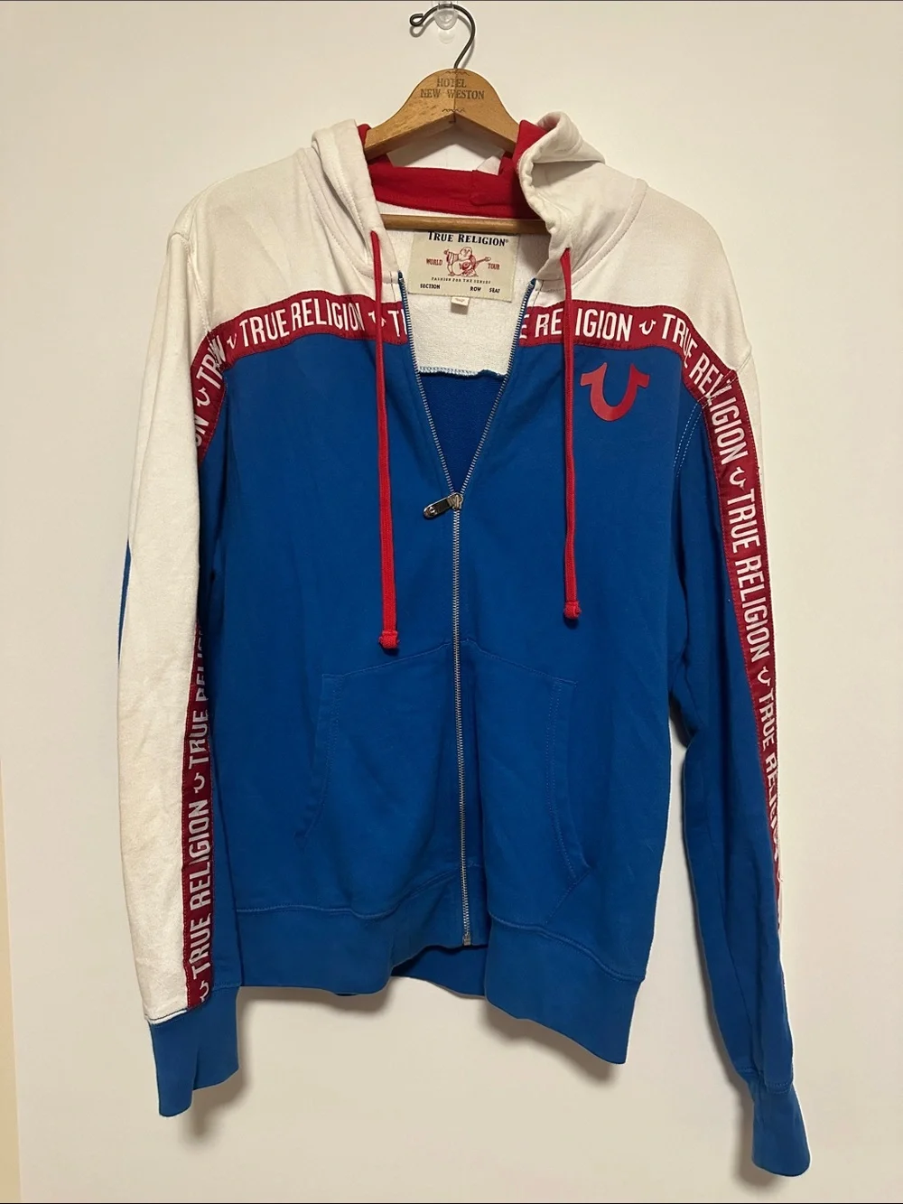 True Religion Blue, White & Red Logo Tape Zip Hoodie
